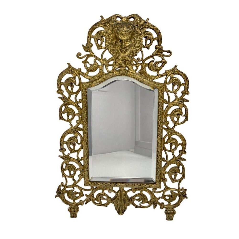 1800s‎ Antique Victorian Bacchus Gilded Brass Wall Mirror Beveled Glass